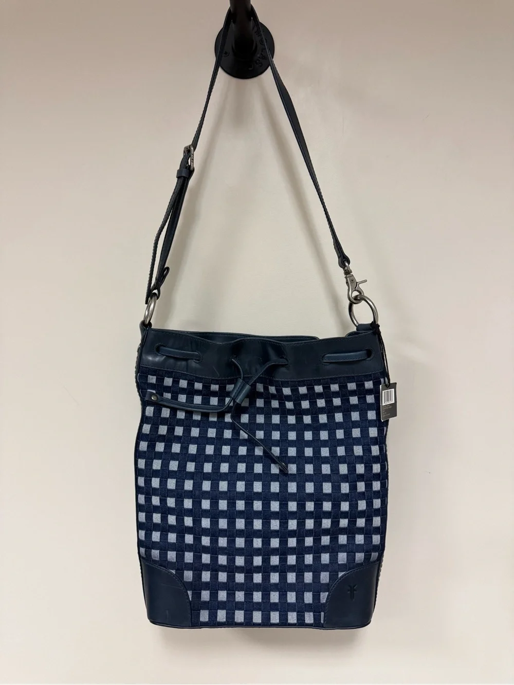 Frye Navy Denim Check Drawstring Hobo